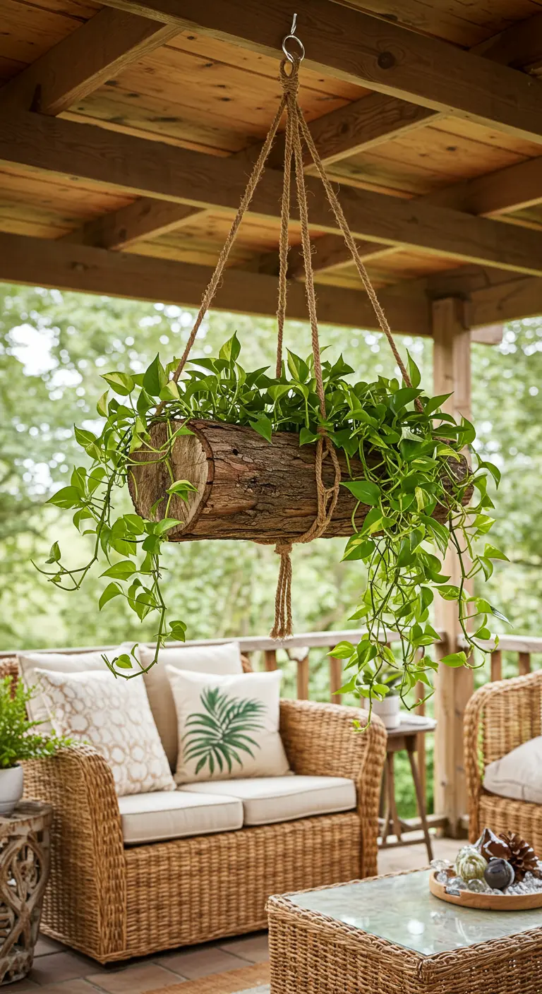 Uitgeholde boomstam met hangplanten, opgehangen aan touwen op een veranda.