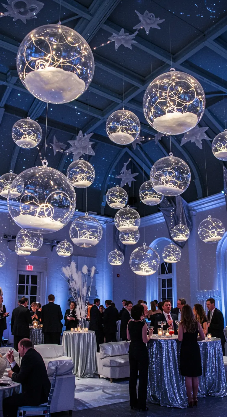 Feestzaal met grote, hangende glazen bollen gevuld met lichtjes en kunstsneeuw.