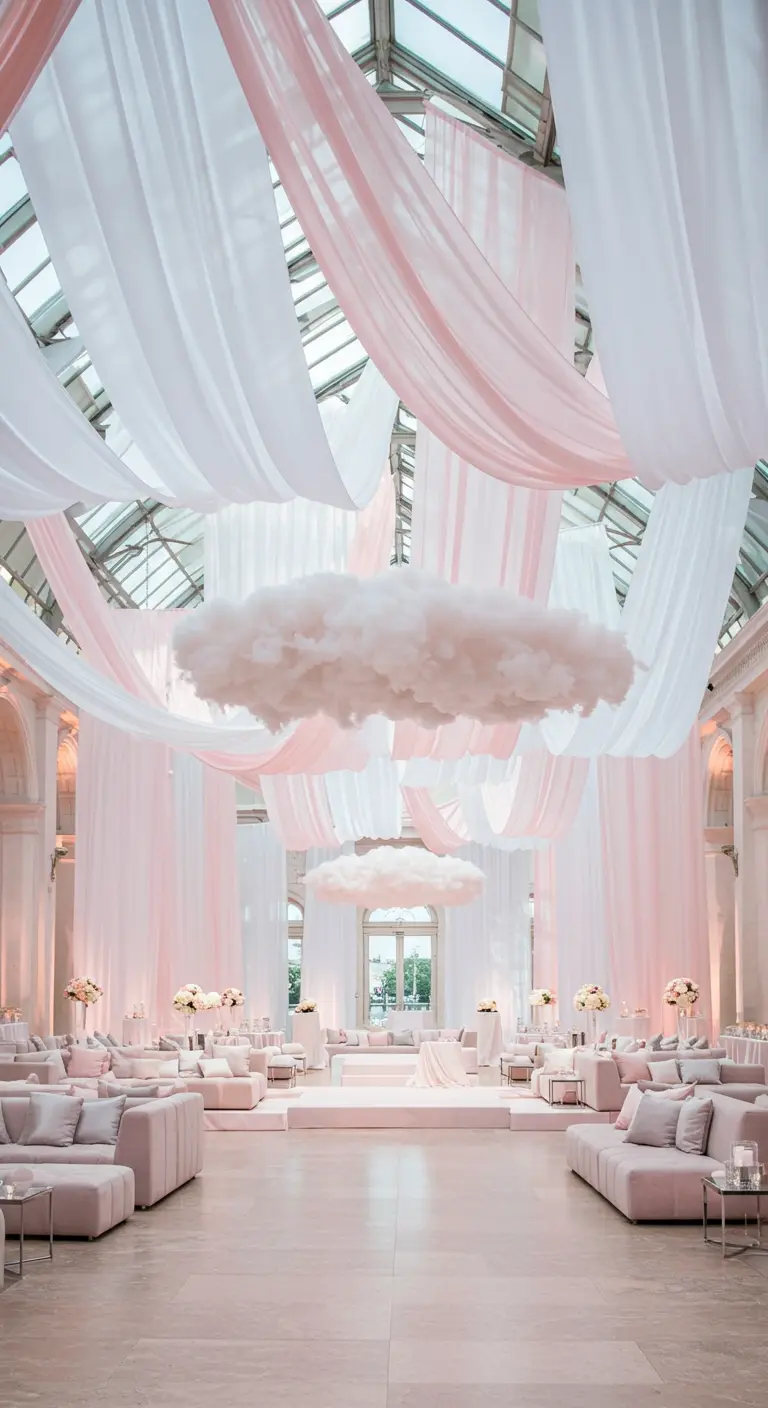 Grote, golvende witte en roze stoffen gedrapeerd aan het plafond van een evenementenhal met zwevende wolken.