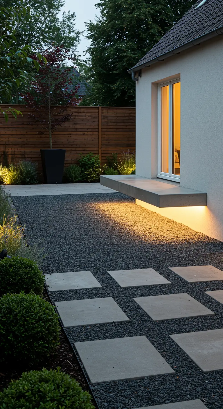 Zwevende betonnen trede bij een achterdeur, verlicht met een ledstrip.