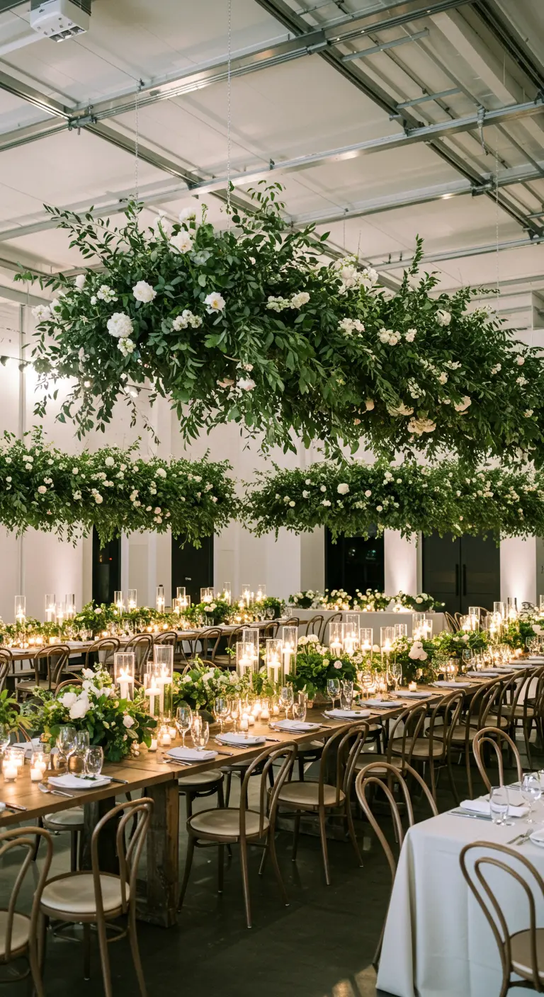 Grote hangende bloemstukken van groen en wit boven lange houten dinertafels.