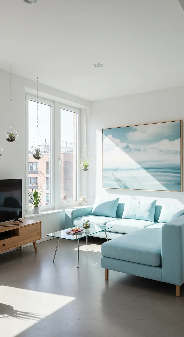 Lichte woonkamer met een turquoise bank en hangende glazen terrariums met plantjes voor het raam.