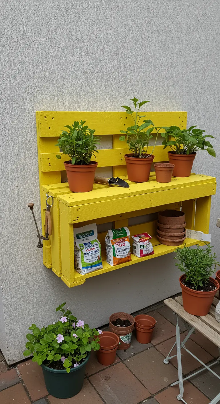 Geelgeschilderde halve pallet als zwevende werktafel tegen een muur, met plantjes en tuinspullen.