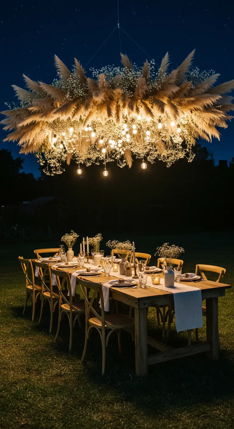 Hangende installatie van pampasgras en lampjes boven een houten eettafel in de nacht.