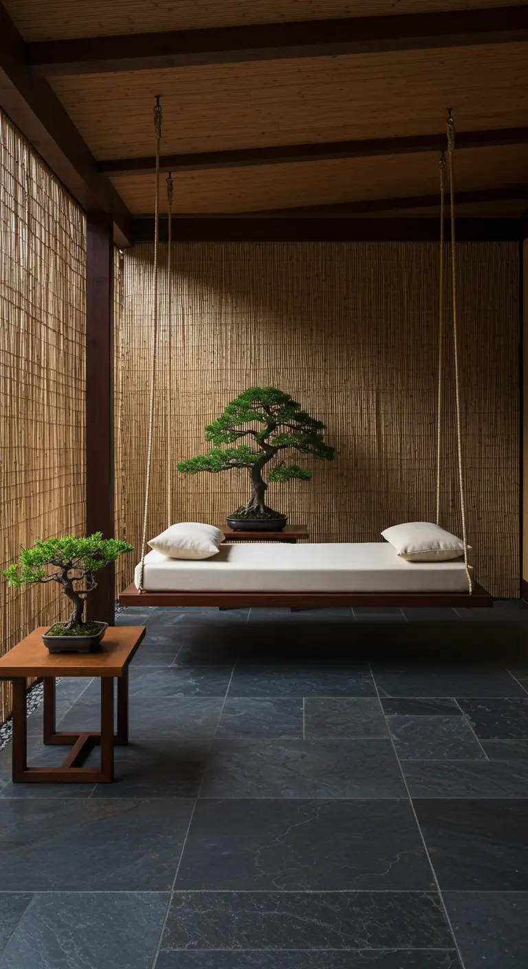 Minimalistisch hangend dagbed in een serene ruimte met een bamboewand en bonsaiboompjes.